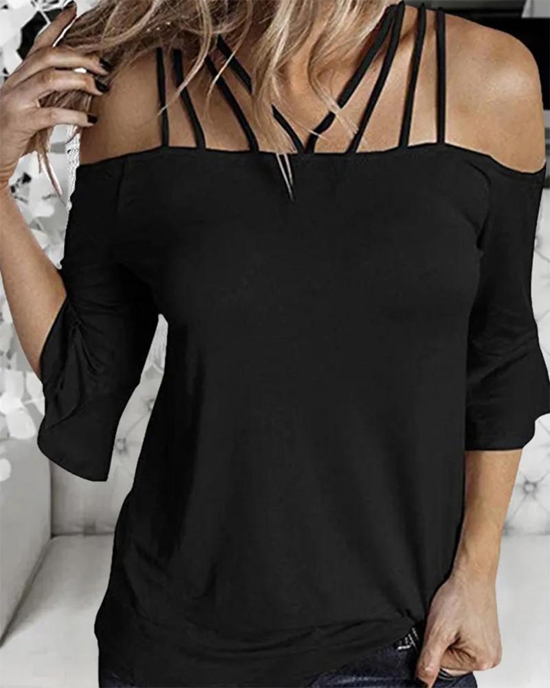 

Multi-Strap Design Bell Sleeve Cold Shoulder Top, Black