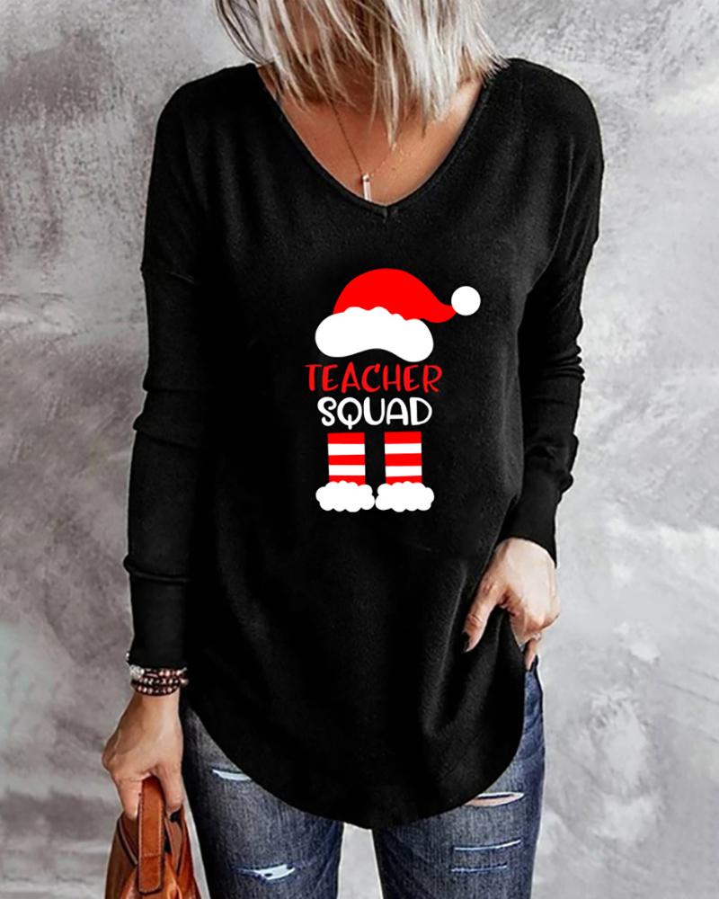 

Christmas V Neck Graphic Letter Print Long Sleeve Top, Style3