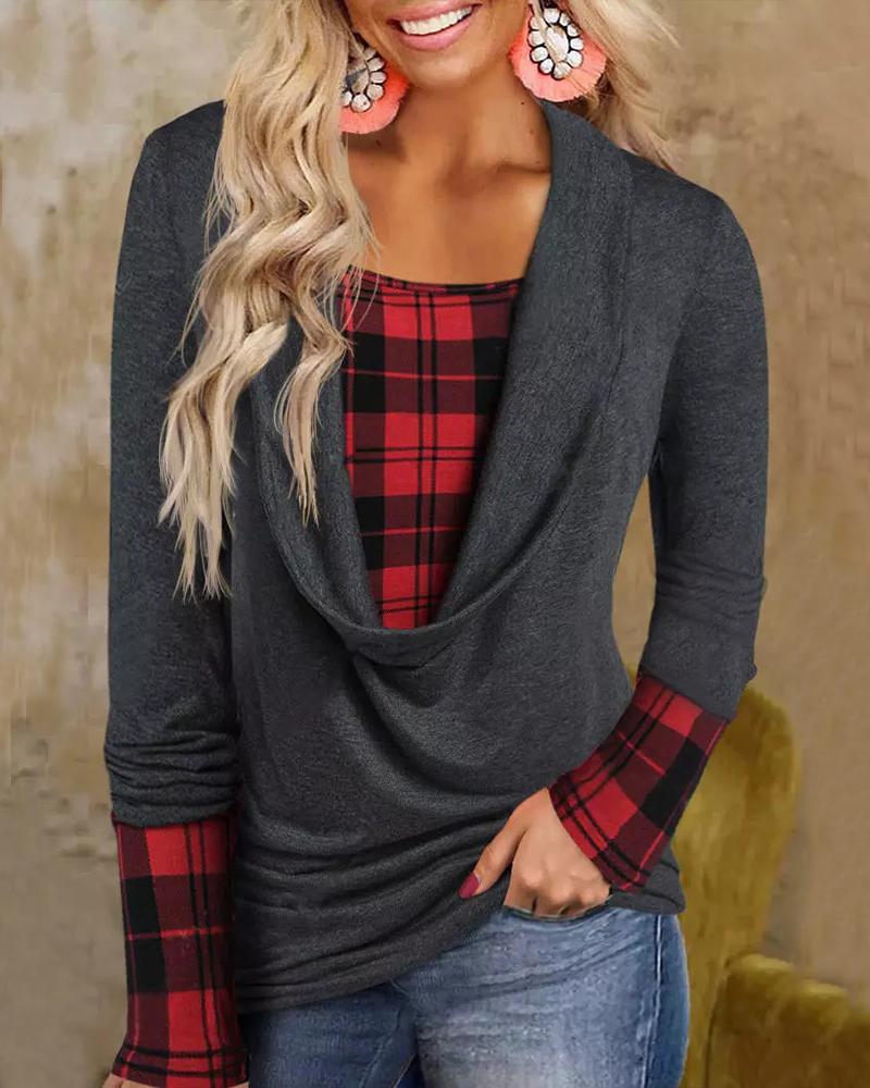 

Contrast Plaid Fake Two-Piece Long Sleeve Top, Gray