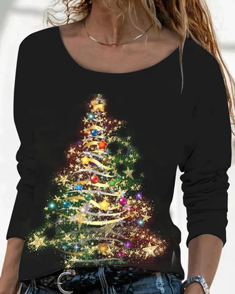 

Christmas Tree Print Long Sleeve Casual Top, Black