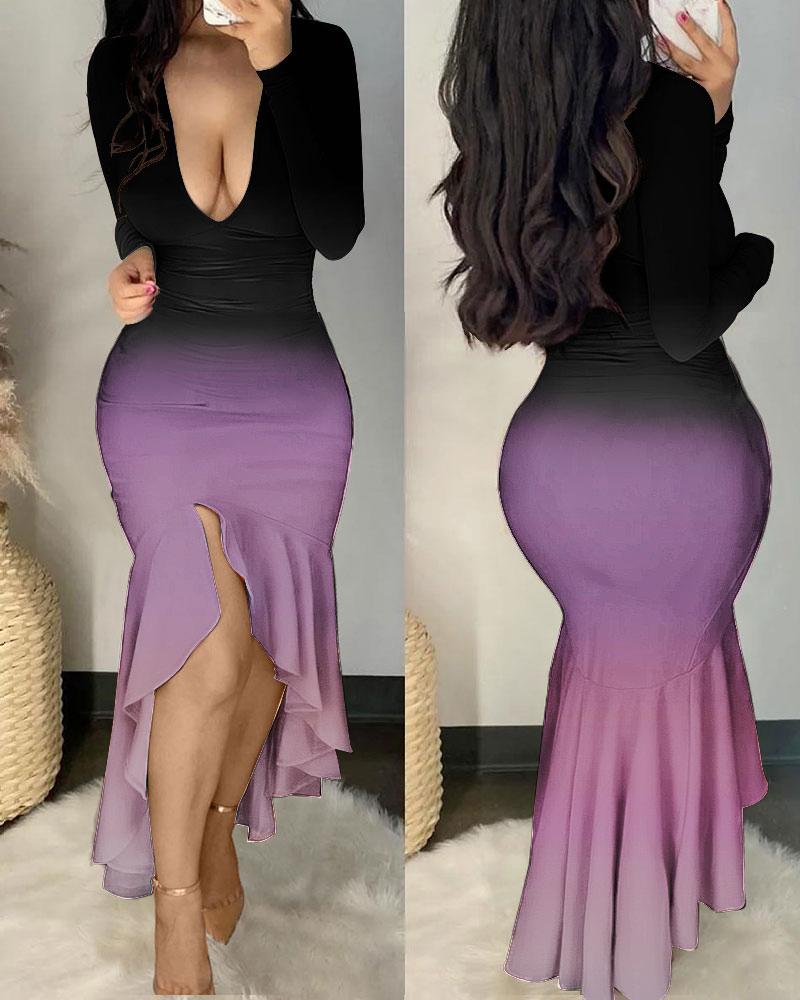 

Ombre Long Sleeve Deep V-Neck Mermaid Dress, Black