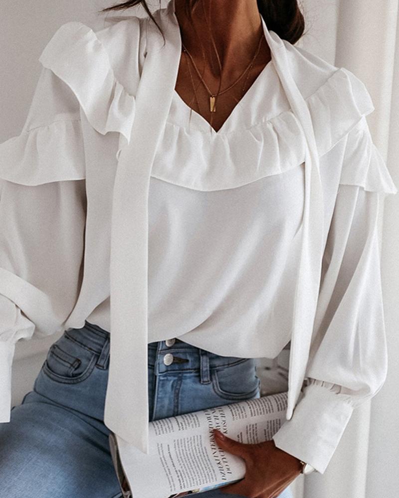 

Solid Long Sleeve Ruffles Strappy Blouse, White