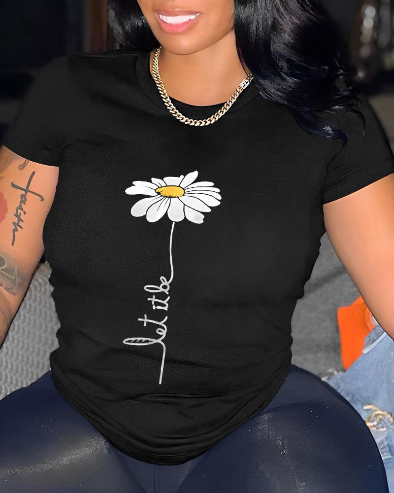 

Daisy Letter Print O-Neck Casual T-Shirt, Black