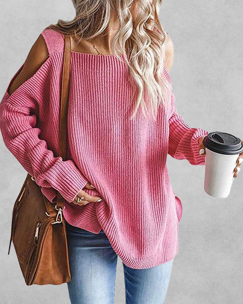 

Cold Shoulder Chunky Knit Sweater, Pink