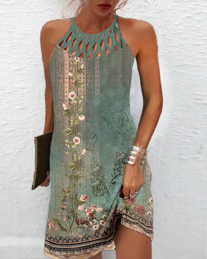 

Floral Tribal Print Hollow Out Casual Dress, Green