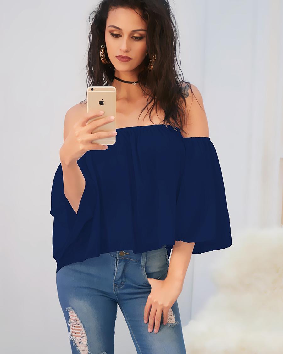 

Off Shoulder 3/4 Sleeve Pleated Chiffon Blouse, Blue