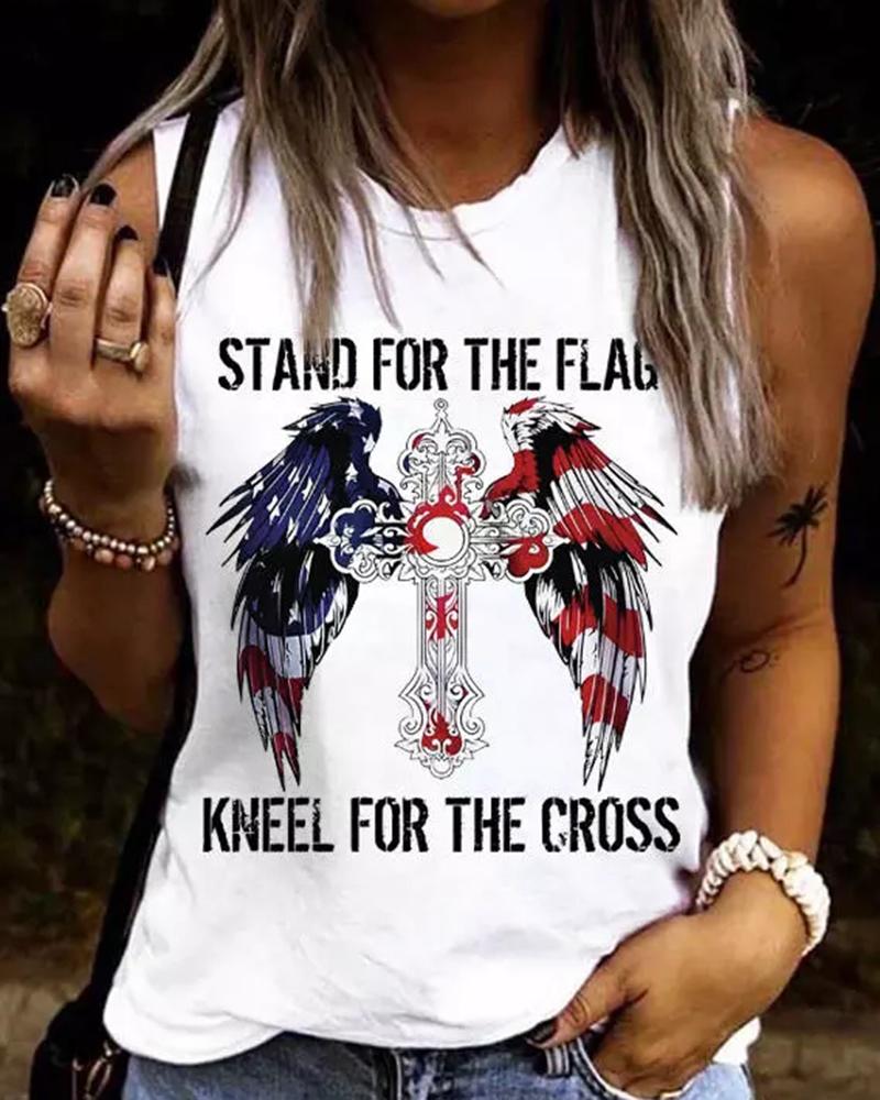 

Independence Day Slogan Flag Cross Wings Print Tank Top, White