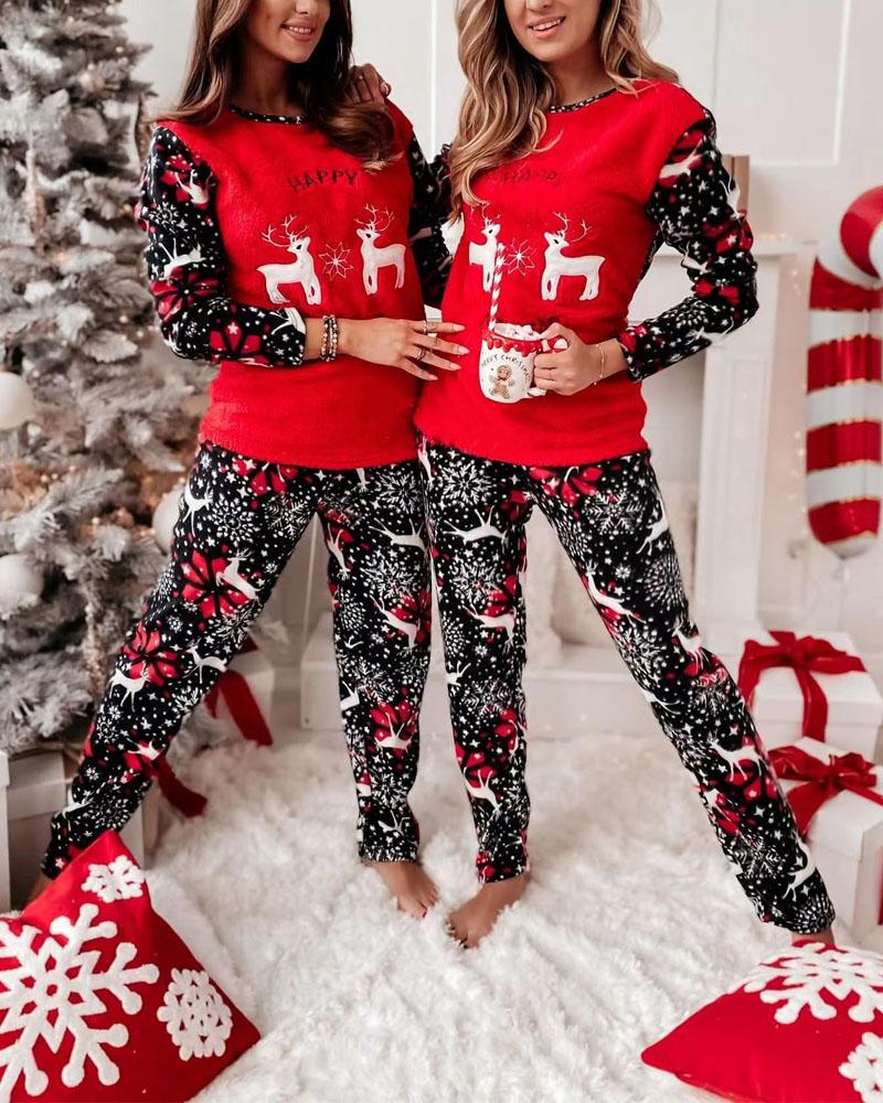 

Christmas Snowflake Elk Print Fluffy Pajamas Set, Red