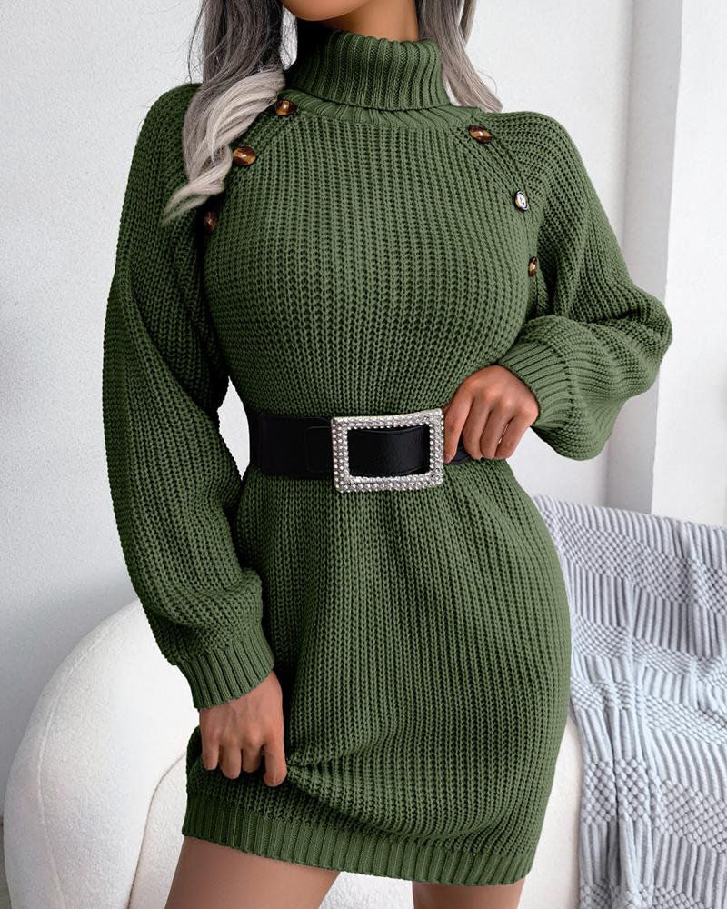 

Long Sleeve Buttoned High Neck Knit Sweater Dress, Army green