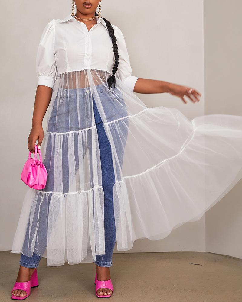 

Puff Lantern Sleeve Sheer Mesh Asymmetrical Top, White