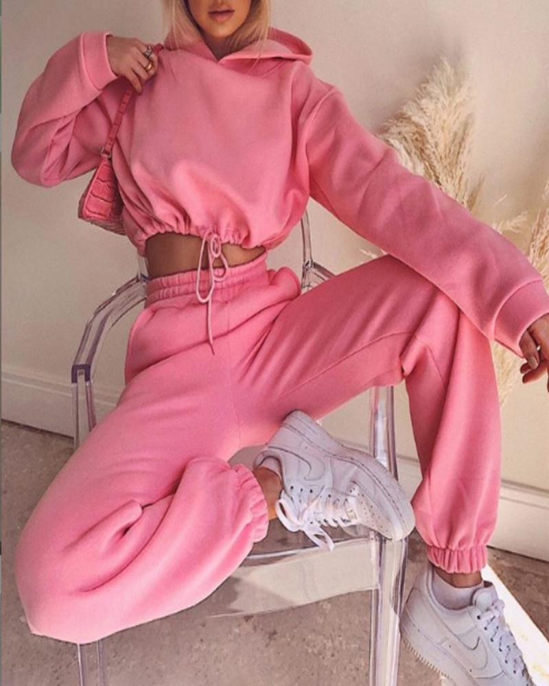 

Drawstring Hooded Crop Sweatshirt & Pocket Design Pants Set, Pink