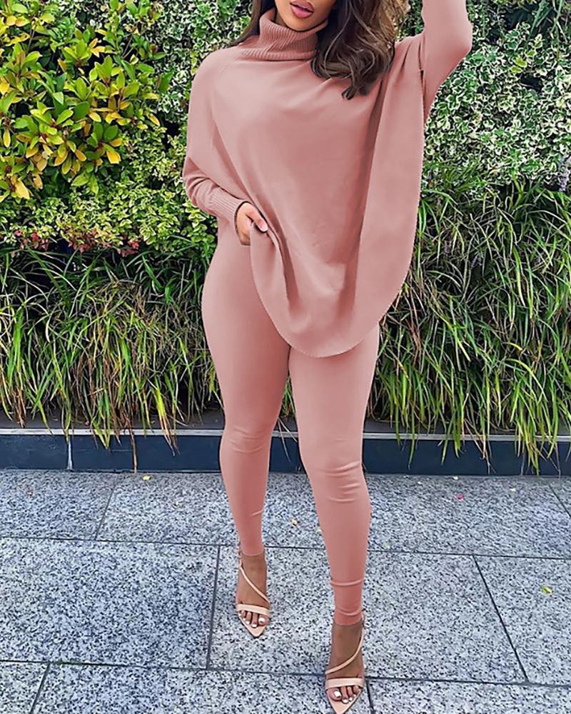 

Plain Batwing Sleeve Top & Skinny Pants Set, Pink