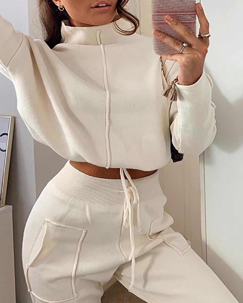 

High Neck Top & Pocket Design Drawstring Pants Set, Beige