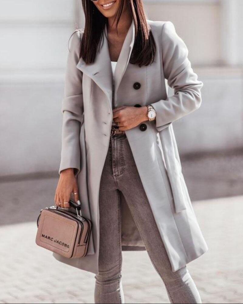 

Button Front Longline Coat With Belt, Gray
