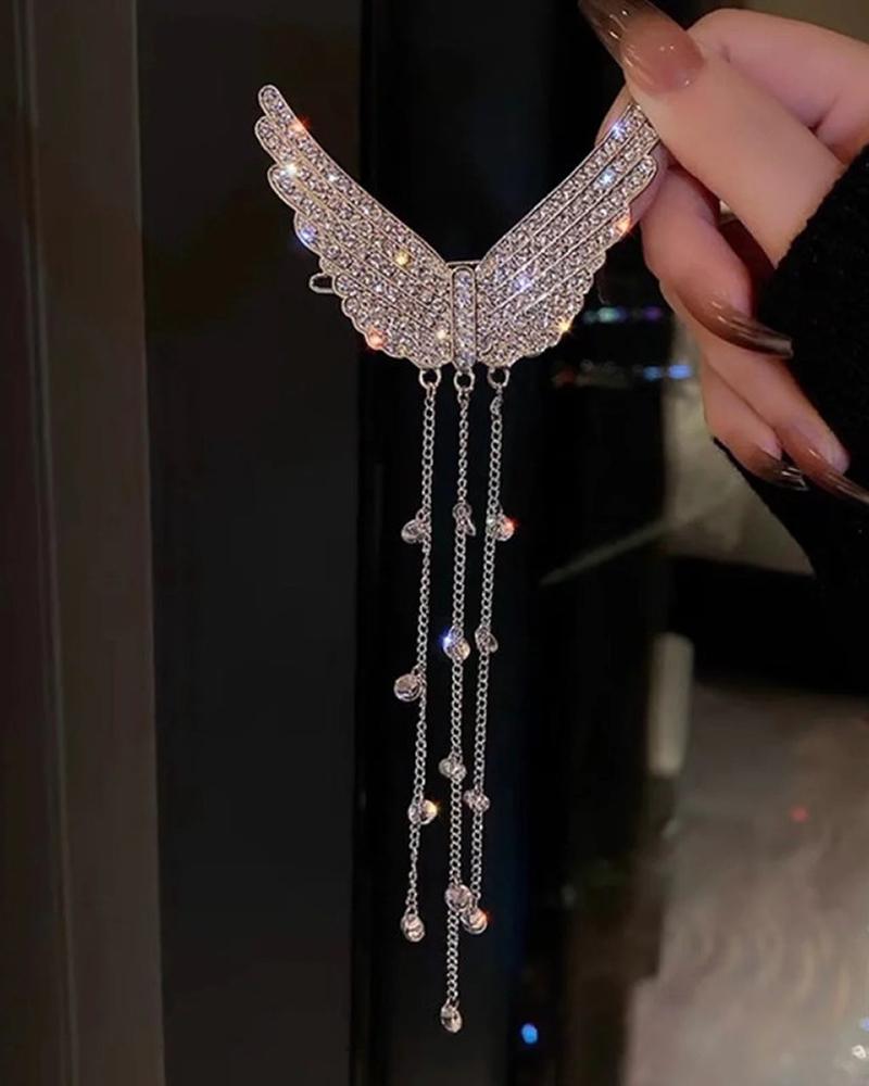 

1pcs Rhinestone Tassel Wing Shaped Hair Clip, Silver
