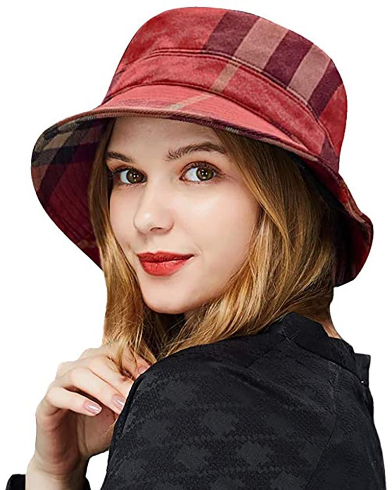 

Velvet Plaid Print Bucket Hat, Wine red