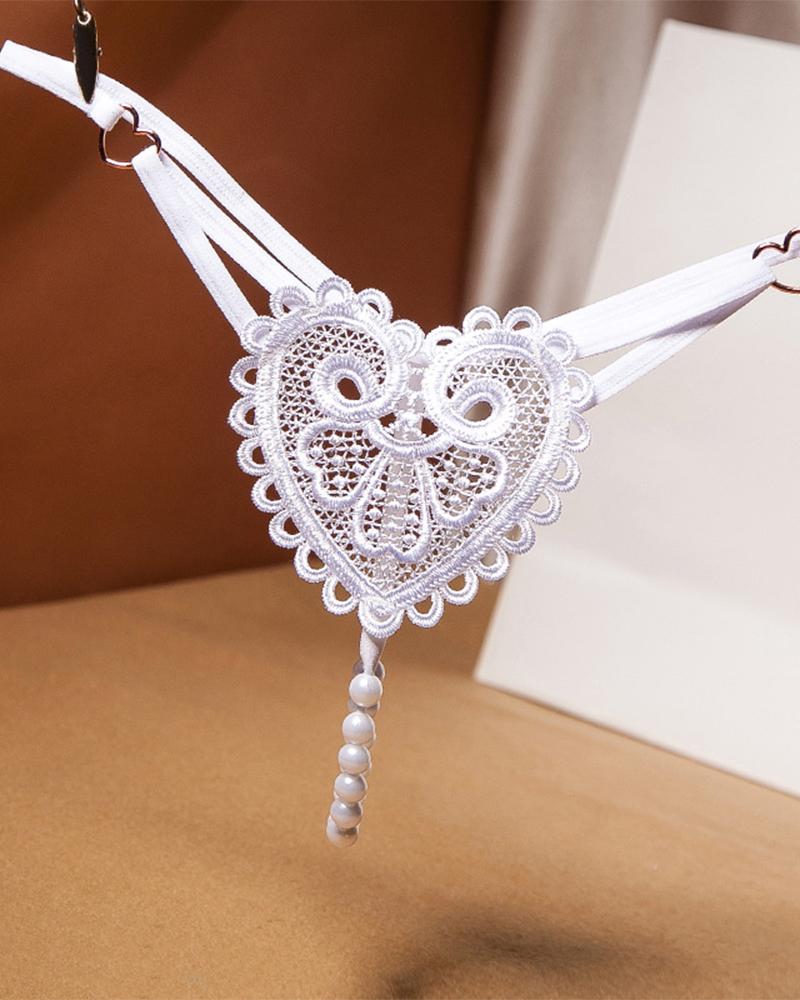 

Sexy Heart Embroidery Splicing Pearl Skinny Low Waist Panties, White