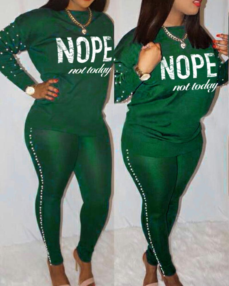 

Letter Print Beaded Decor Long Sleeve Top & Pants Set, Green