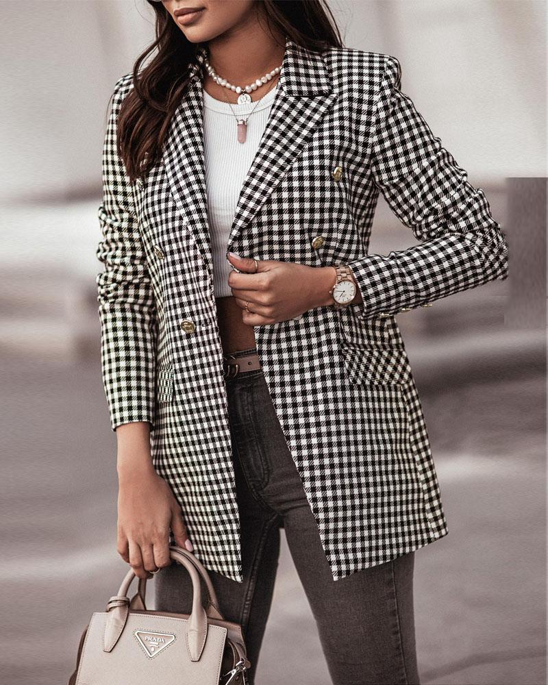 

Plaid Print Double Breasted Flap Detail Blazer Coat, Black