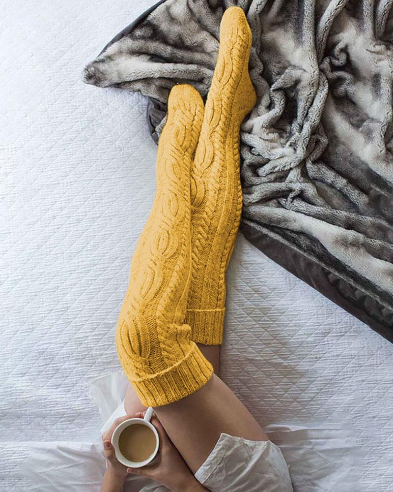 

Cable Knit Plain Stockings, Yellow