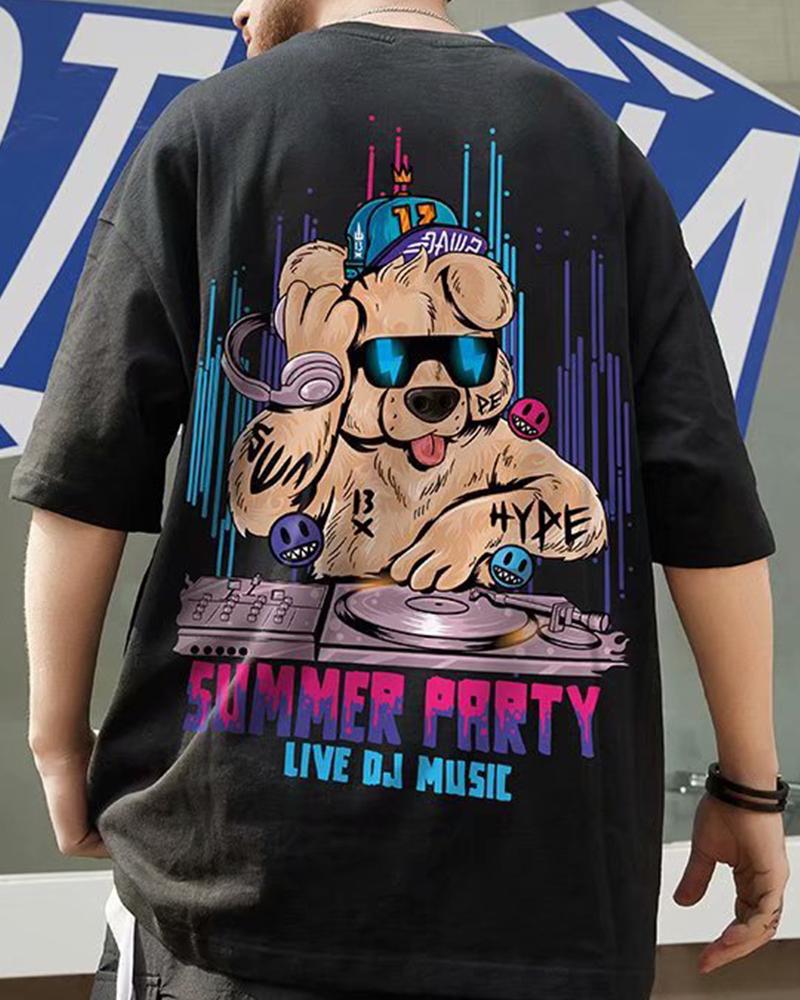 

Puppy Cartoon Print Short Sleeve Loose T-shirts, Black