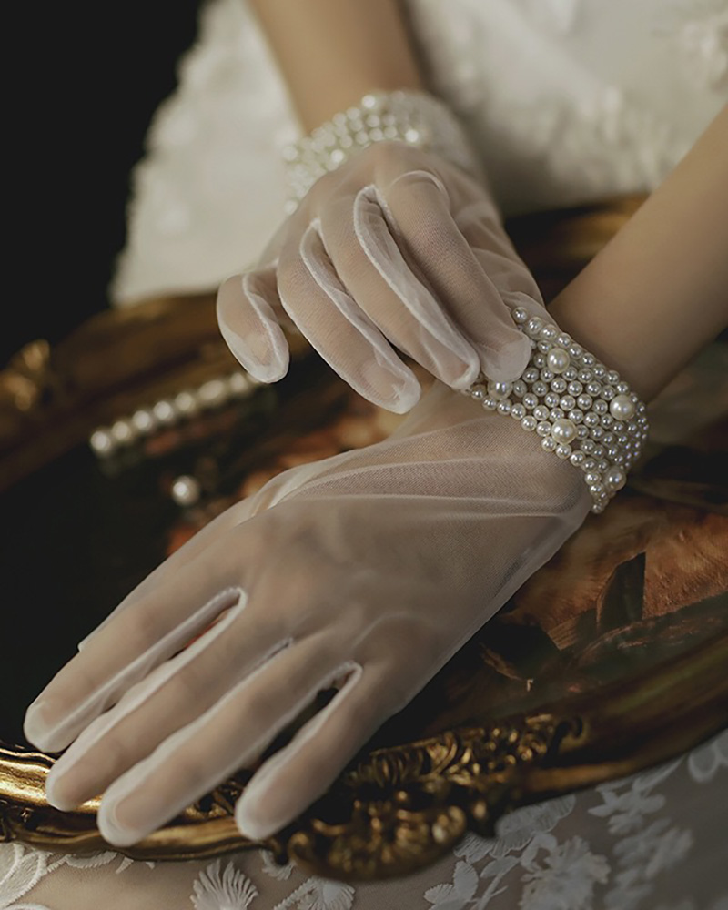 

Sheer Mesh Beaded Decor Gloves, White