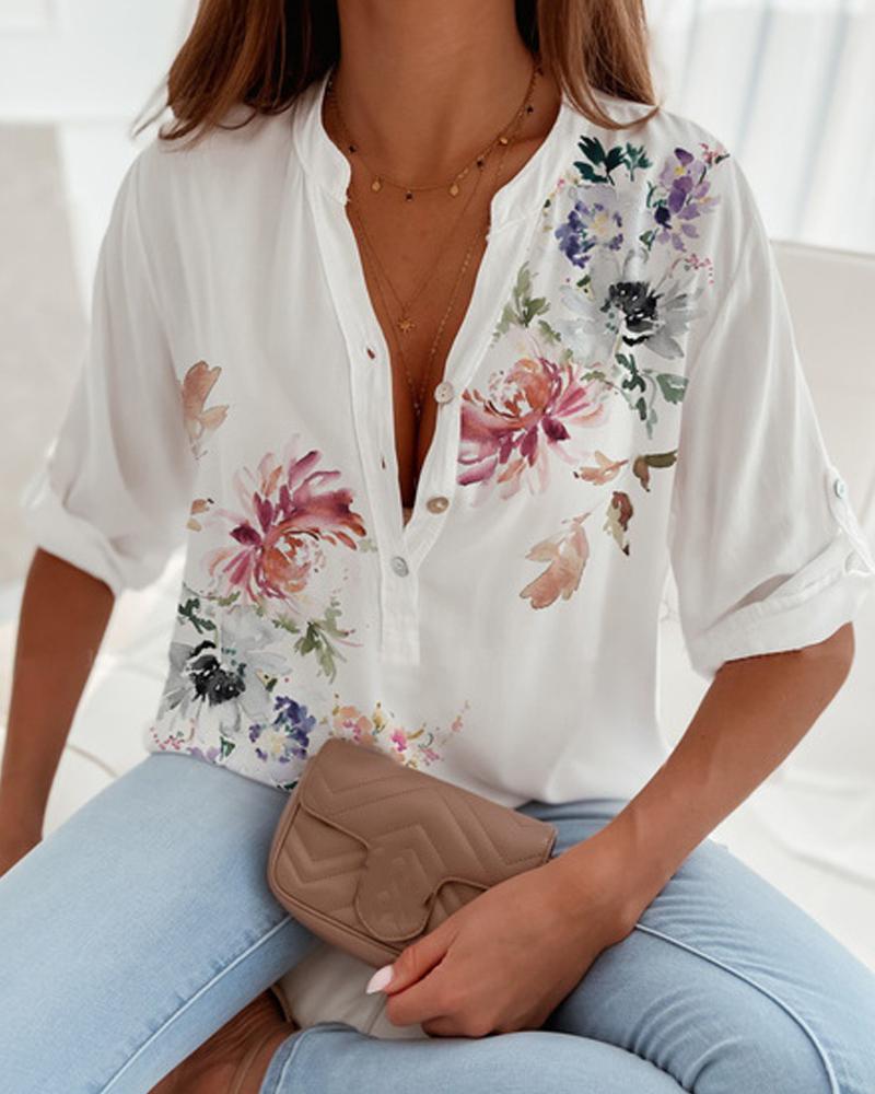 

Floral Print Roll Up Sleeve Button Front Shirt, White