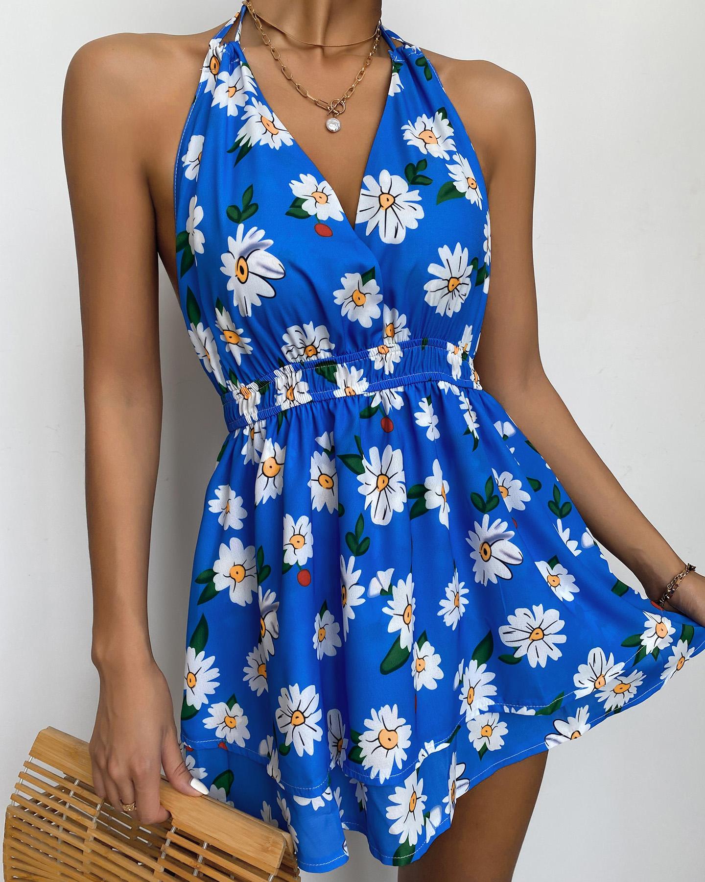 

Boho Style Floral Print Halter Sleeveless Skinny Waist Mini Dress, Style1
