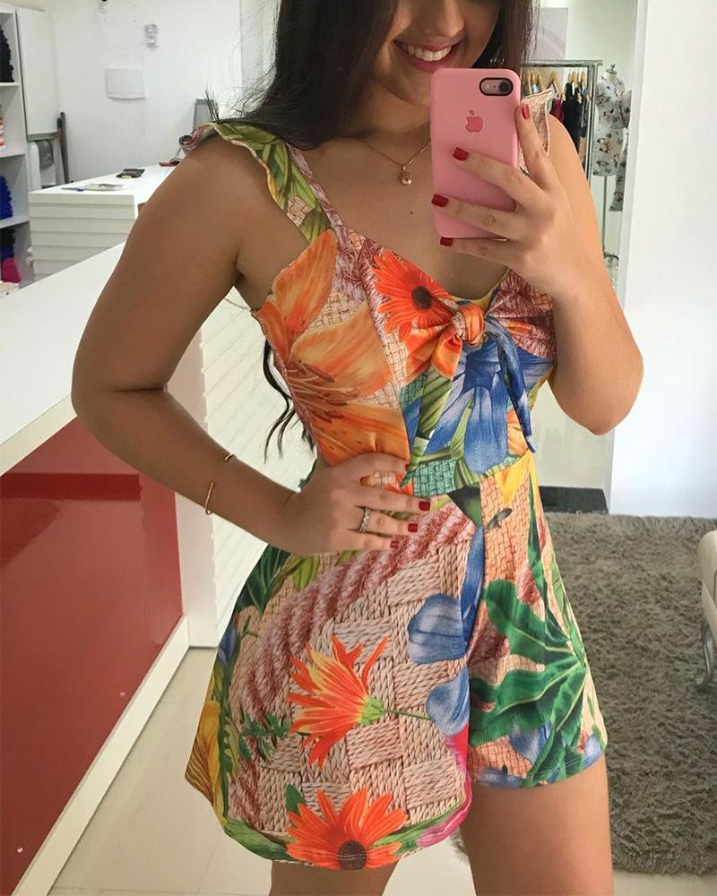

Tropical Print Tie Front Ruffles Trim Romper, Multicolor