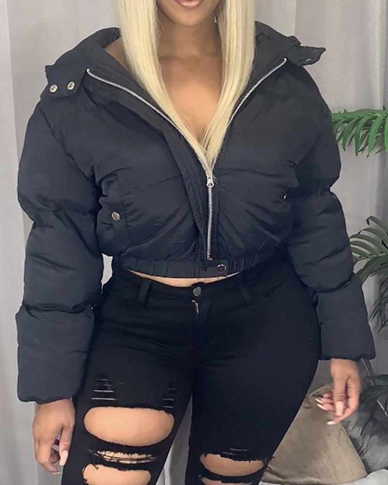 

Zipper Design Long Sleeve Gilet Puffer Jacket, Black