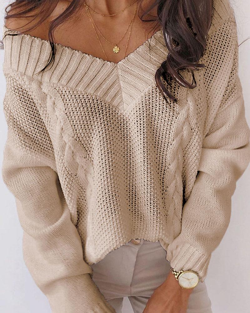

Long Sleeve V-Neck Cable Knit Sweater, Apricot