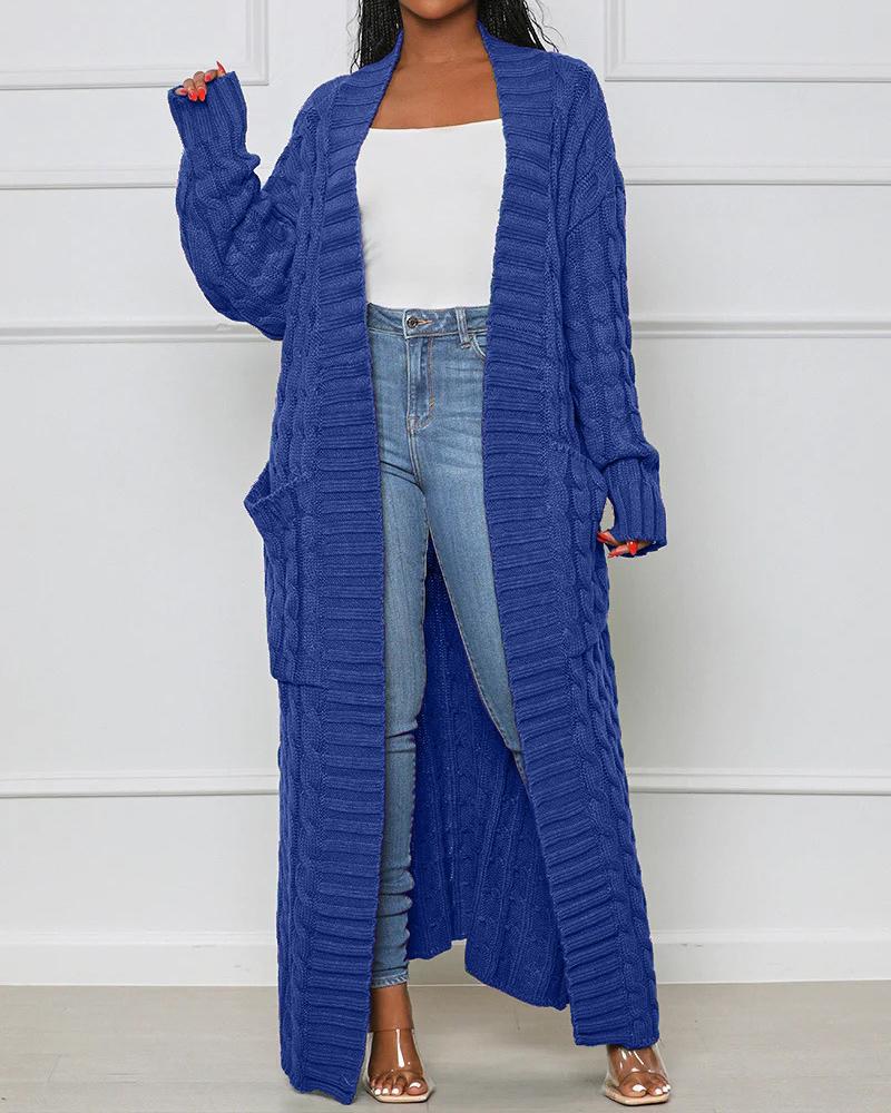 

Pocket Design Cable Longline Knit Cardigan, Blue