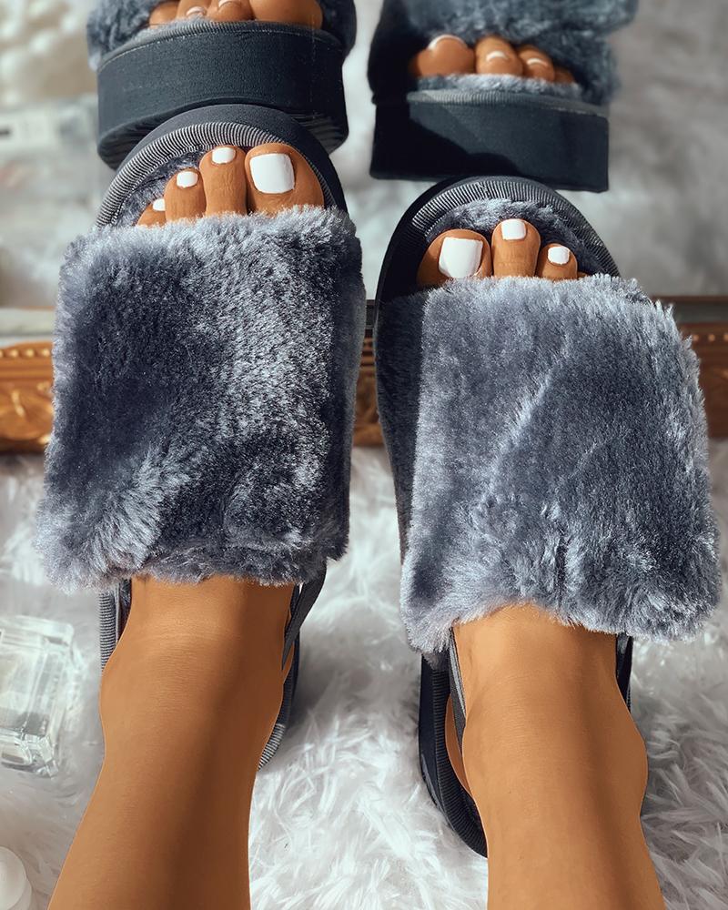 

Wide Band Fluffy Casual Slide Slipper, Dark grey