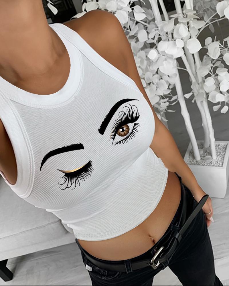 

Sleeveless Basic Top Shirt Slim Knit Ribbed Racerback Blouses Eye Print Crop Tank Tops, White