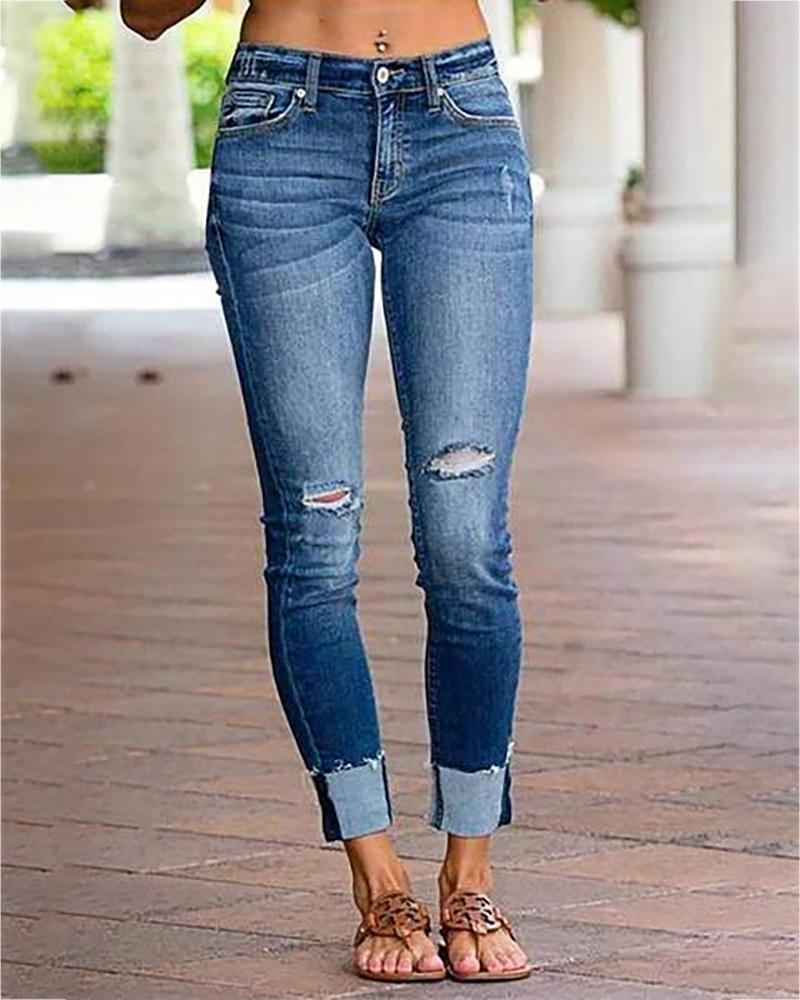 

Ripped High Waist Casual Jeans, Blue
