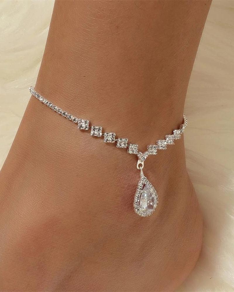 

Rhinestone Water Drop Pendant Anklet, Silver