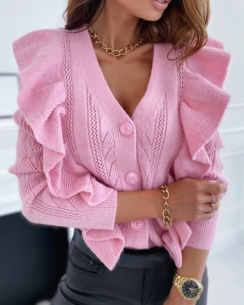 

Ruffles Hollow Out Knit Casual Cardigan, Pink