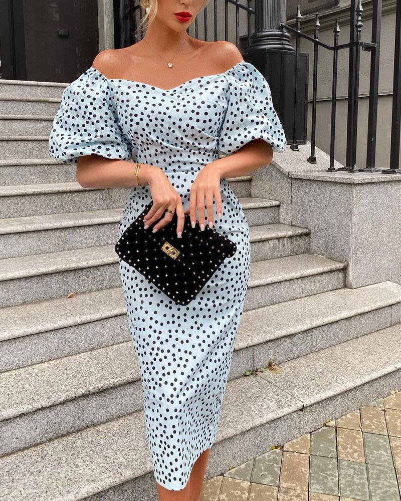 

Polka Dot Off Shoulder Puff Sleeve Dress, Blue