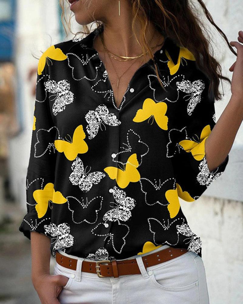 

Butterfly Print Buttoned Long Sleeve Shirt, Yellow