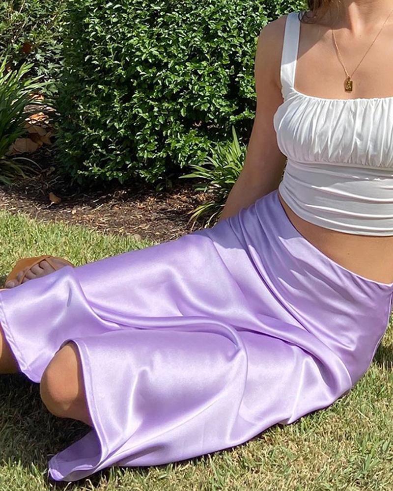 

High Waist Satin Casual Midi Skirt, Purple