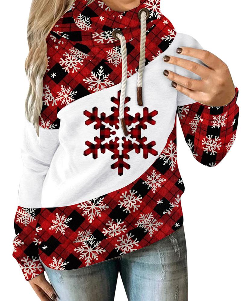 

Christmas Plaid Snowflake Letter Pattern Hooded Top, Red