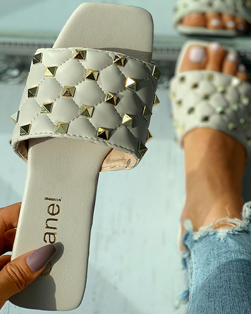 

Quilted Rivet Decor Square Toe Flat Sandals, Beige