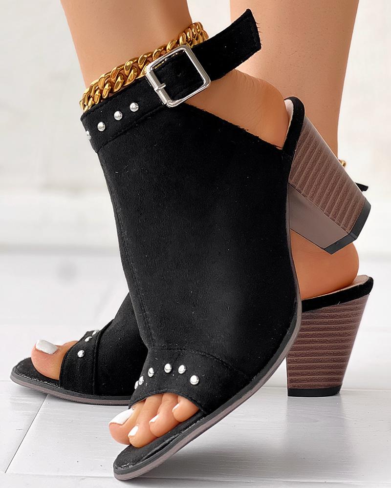 

Peep Toe Studded Chunky Heeled Sandals, Black