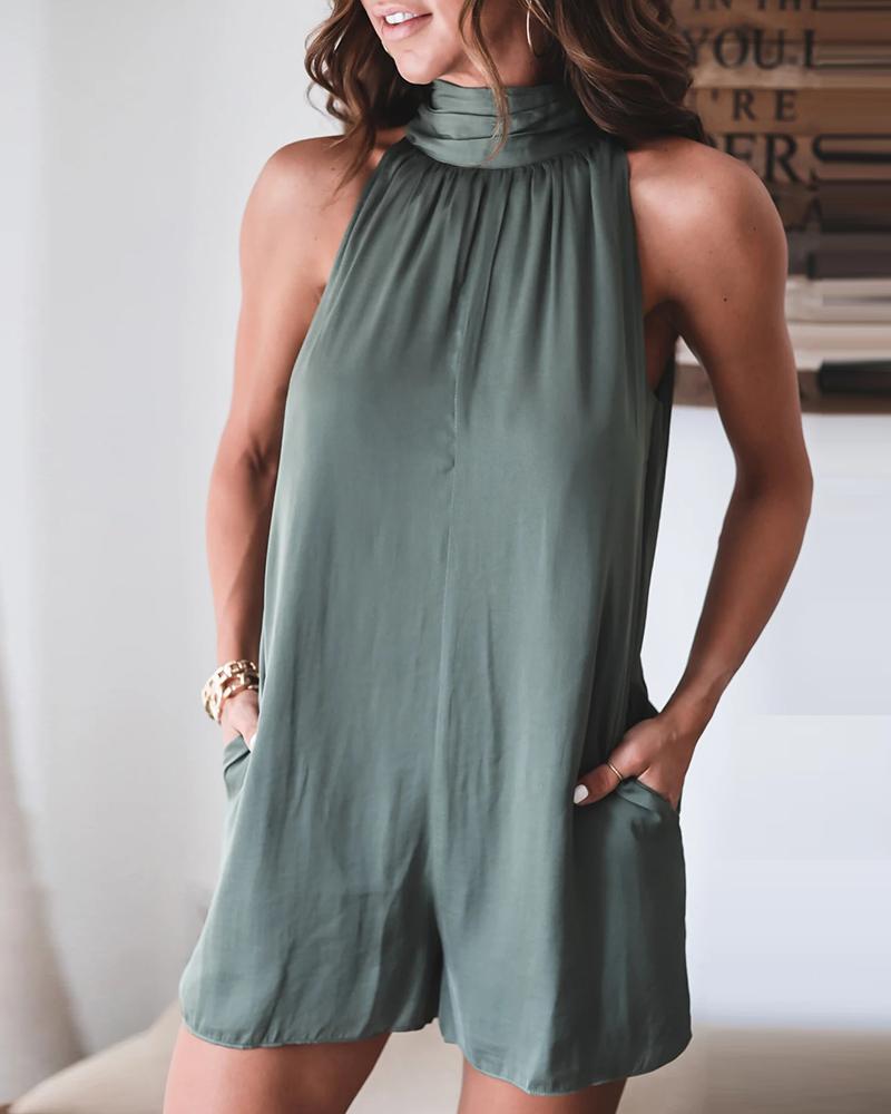 

Halter Sleeveless Pocket Design Romper, Green
