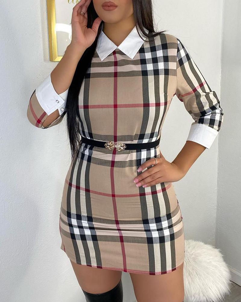 

Plaid Print Skinny Bodycon Dress Without Belt, Khaki