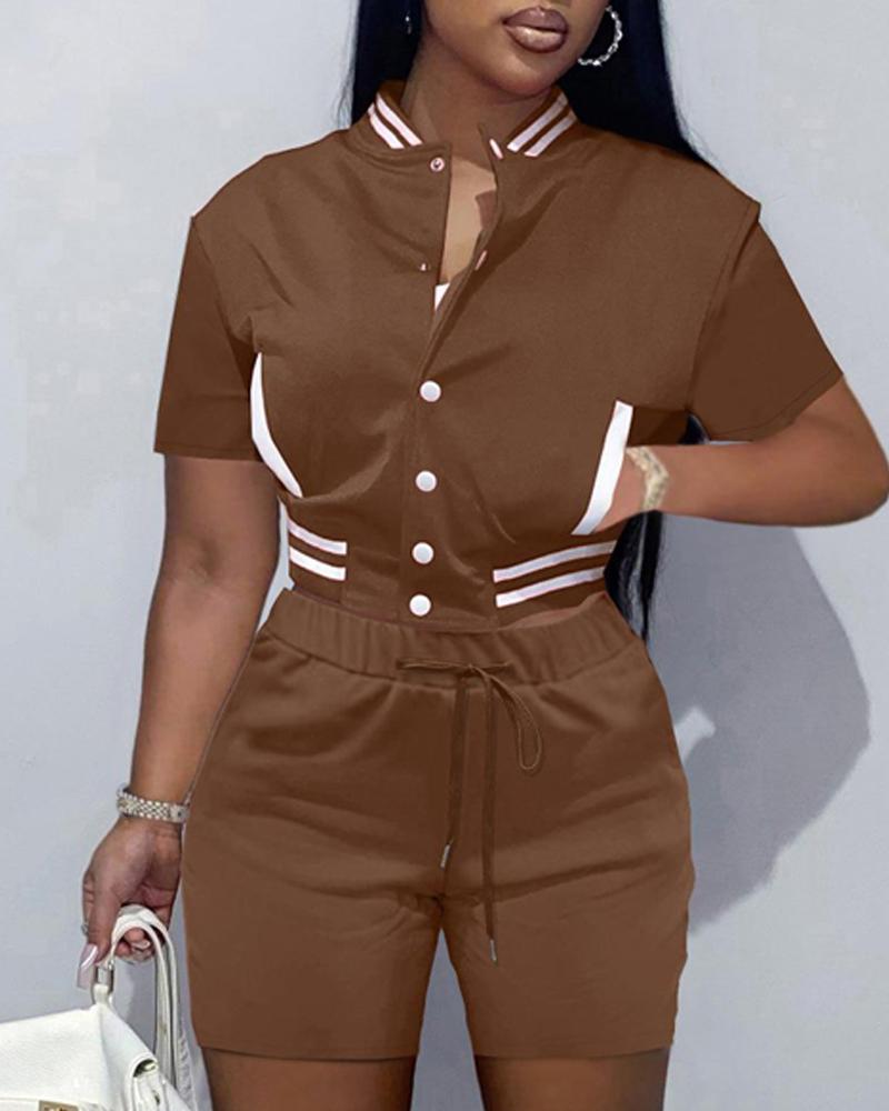 

Contrast Paneled Crop Top & Drawstring Shorts Set, Khaki
