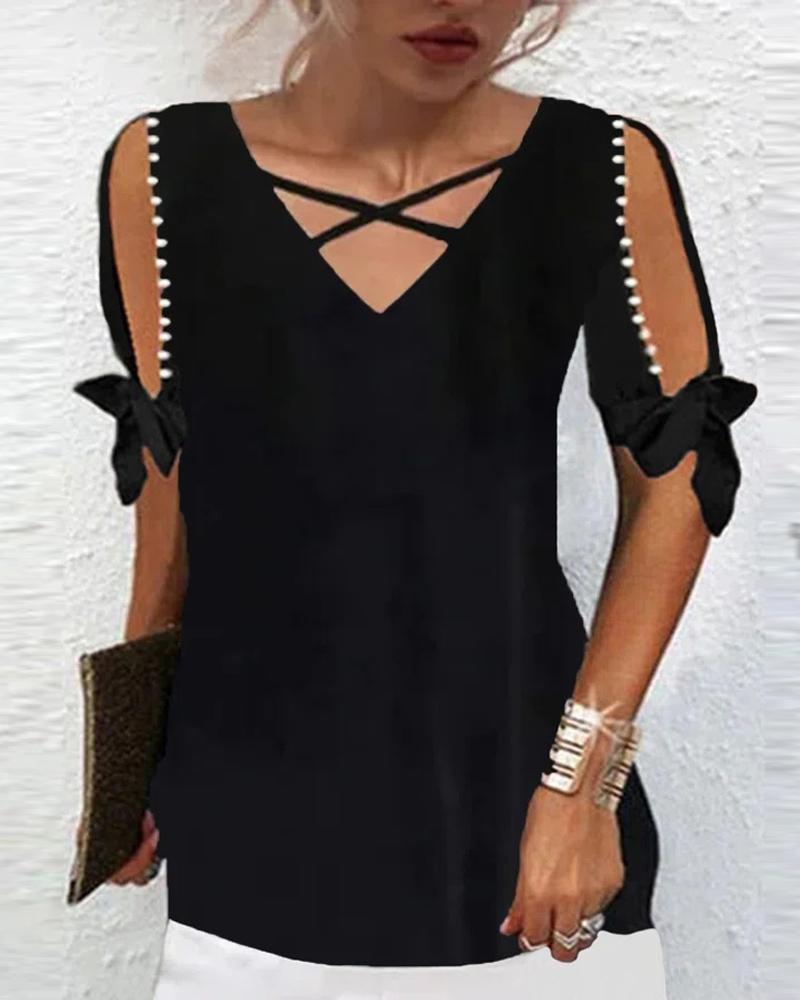 

Tied Detail Beaded Cold Shoulder Top, Black