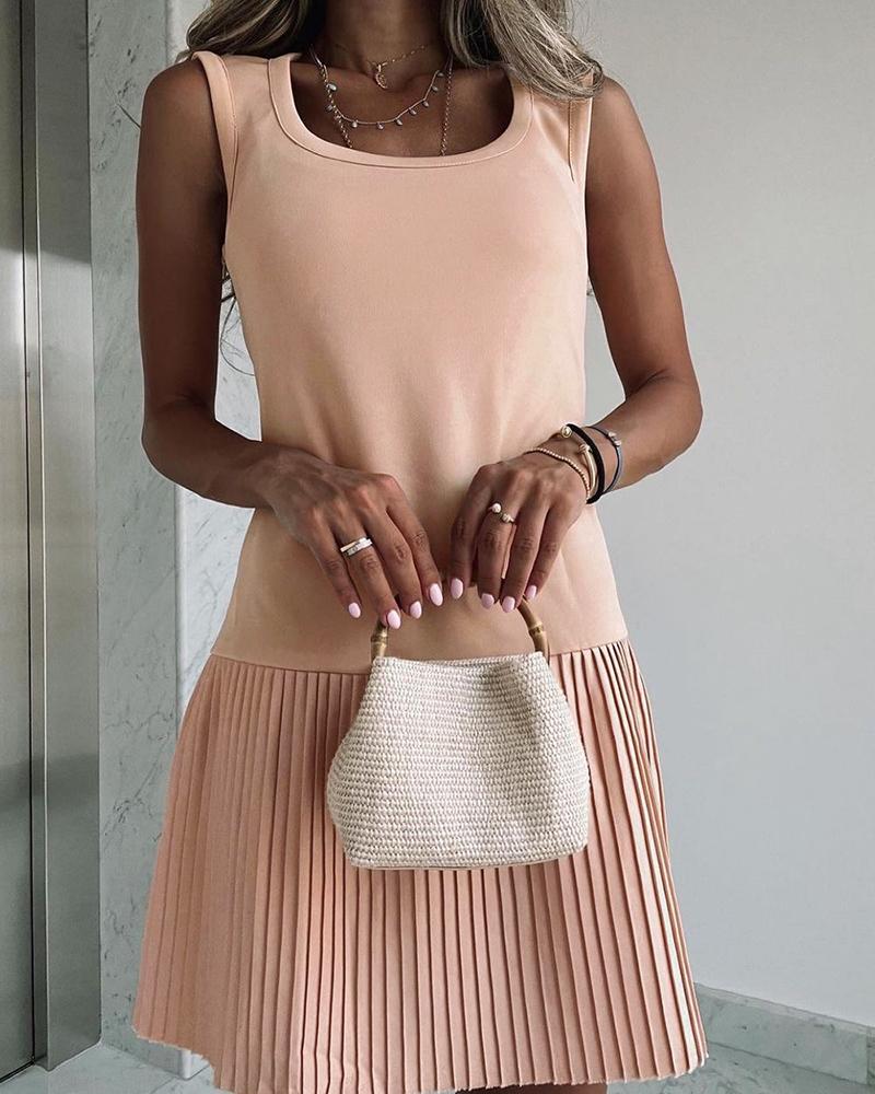 

U-Neck Sleeveless Pleated Casual Dress, Pink