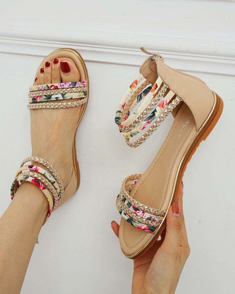 

Round-toe Boho Style Vintage Print Splicing Tassel Flat Sandals, Apricot