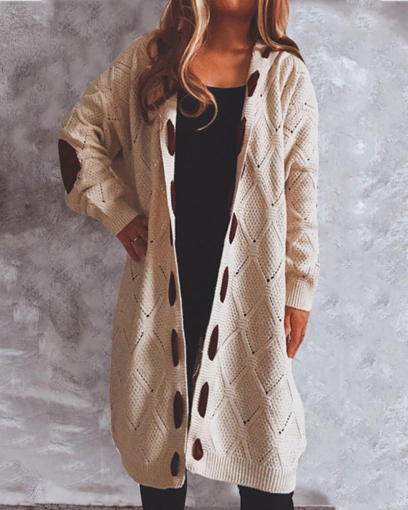 

Suede Patch Lantern Sleeve Hooded Knit Cardigan, Apricot